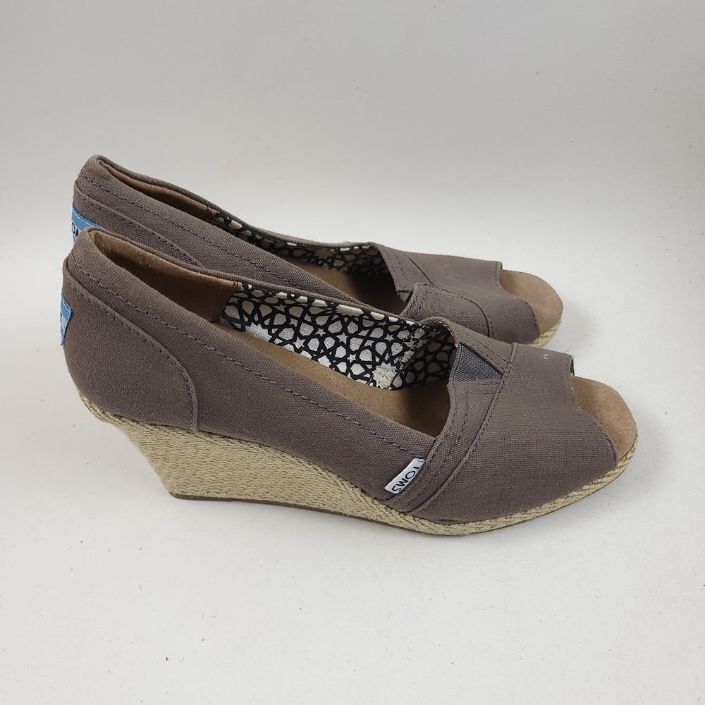 Toms Calypso Canvas Espadrille Peep Toe Wedge Sandal Gray Women's sz 10
